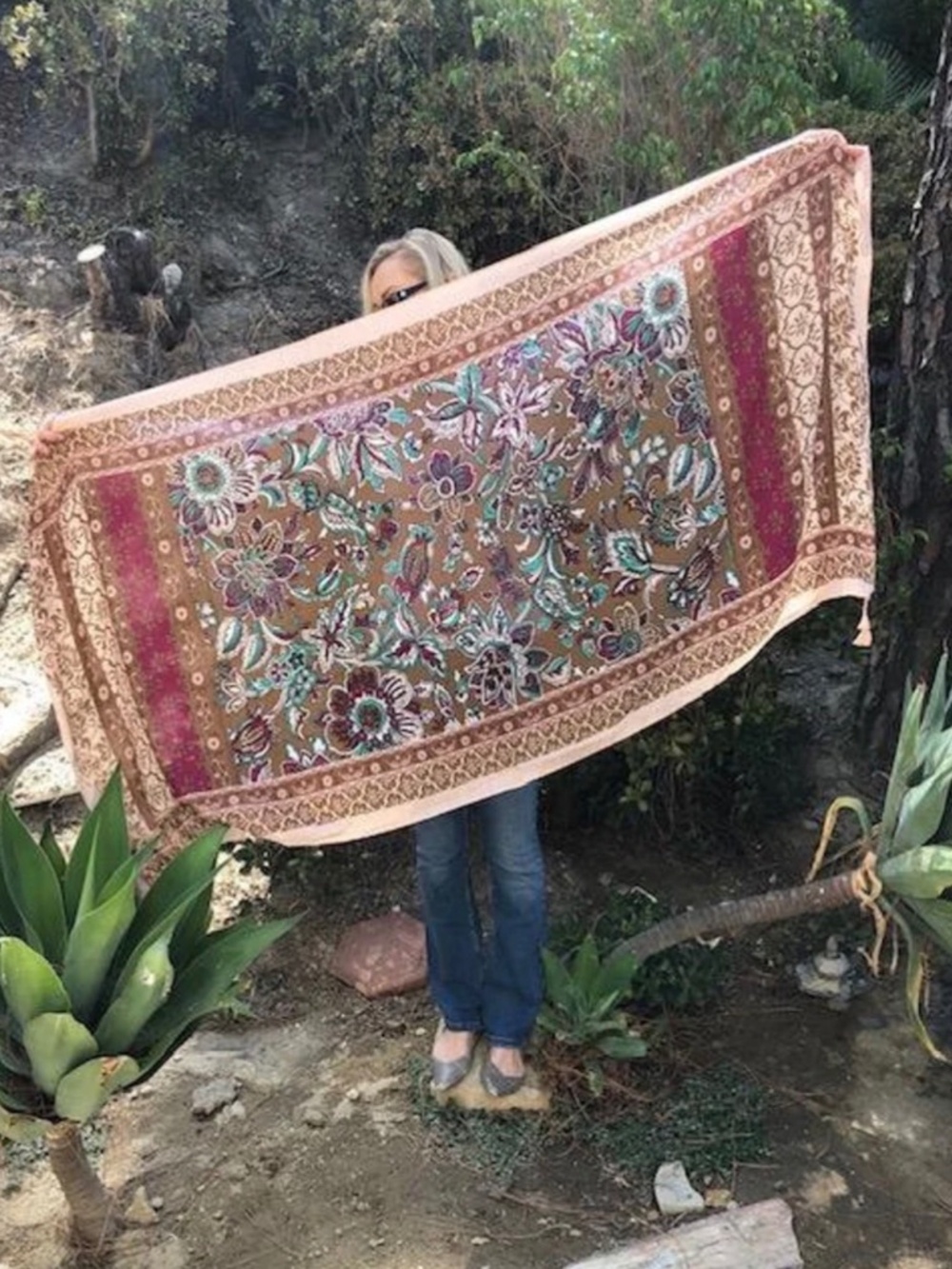 Large Scarf, wrap,shawl,Flowers, Turquoise,Tan, Maroon, Pink,sarong,with tassels